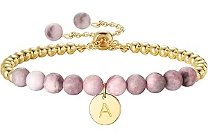 Ritach Christmas Gifts for Teens Girls Kids - Pink Zebra Natural Stone Bracelet Gold/Silver Beaded Bracelets Adjustable Disc Initial Bracelets for Teen Girls Kids Birthday Gifts Stocking Stuffers