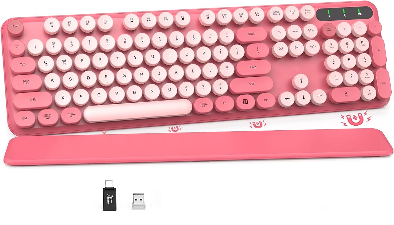Photo 1 of Wireless Keyboard, Round Keycaps, Retro Typewriter Keyboard with Detachable Wrist Rest, Sleep Mode, Foldable Legs, 2.4GHz Full-size Cordless Computer Keyboard for Windows/PC/Laptop (Colorful-Pink)