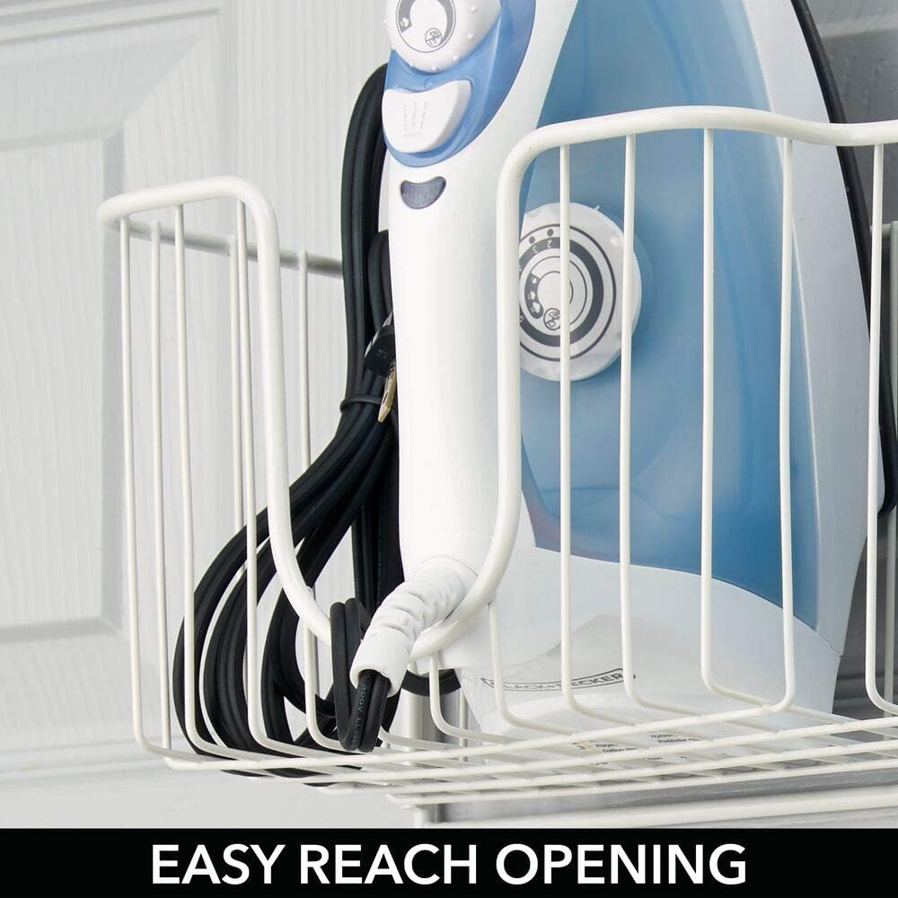 mDesign Metal Over Door Ironing Board Holder with Large Storage Basket - Holds Iron, Board, Spray Bottles, Starch, Fabric Refresher - for Laundry, Utility Room, Garage - White: Home & Kitchen