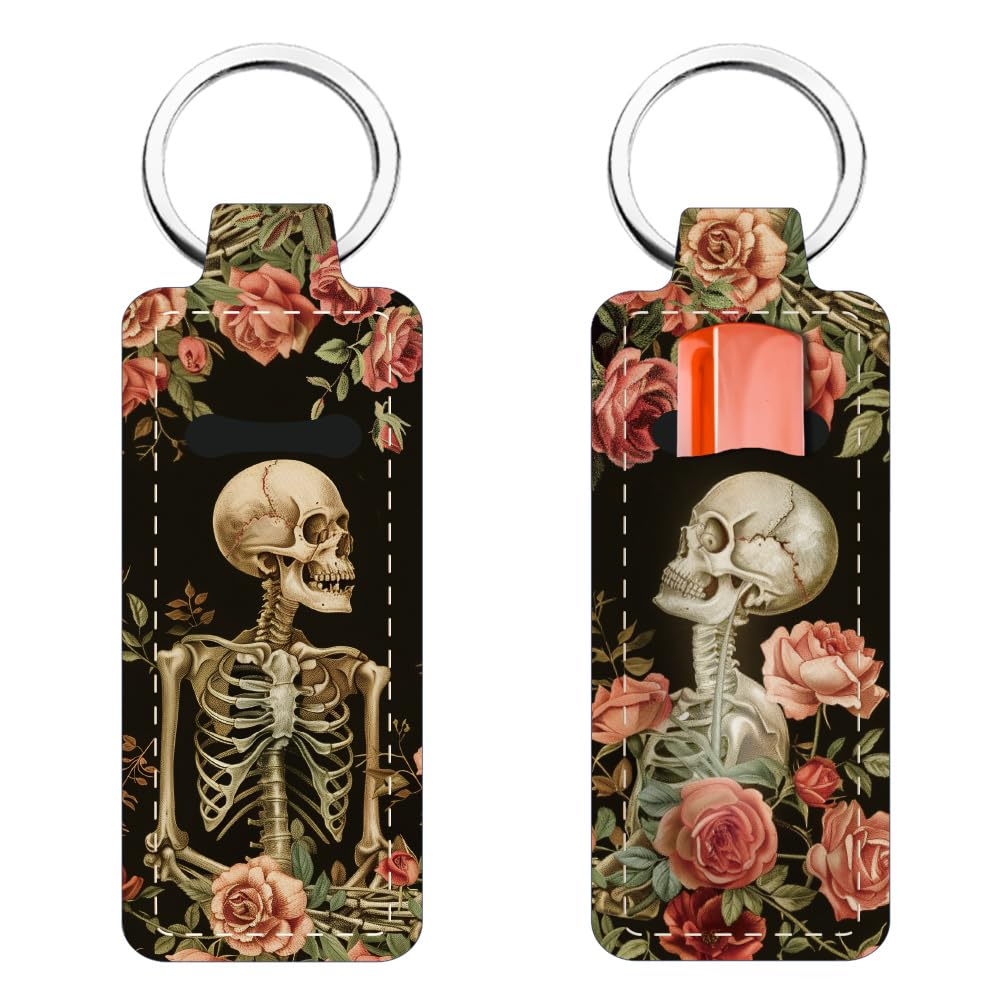 FREEBLOSS 2 Pack Lip Balm Holder Keychain - Unique Skeleton and Flower Pattern Chapstick, Lip Gloss, Lipstick Sleeve Holders for Women and Friends Gift