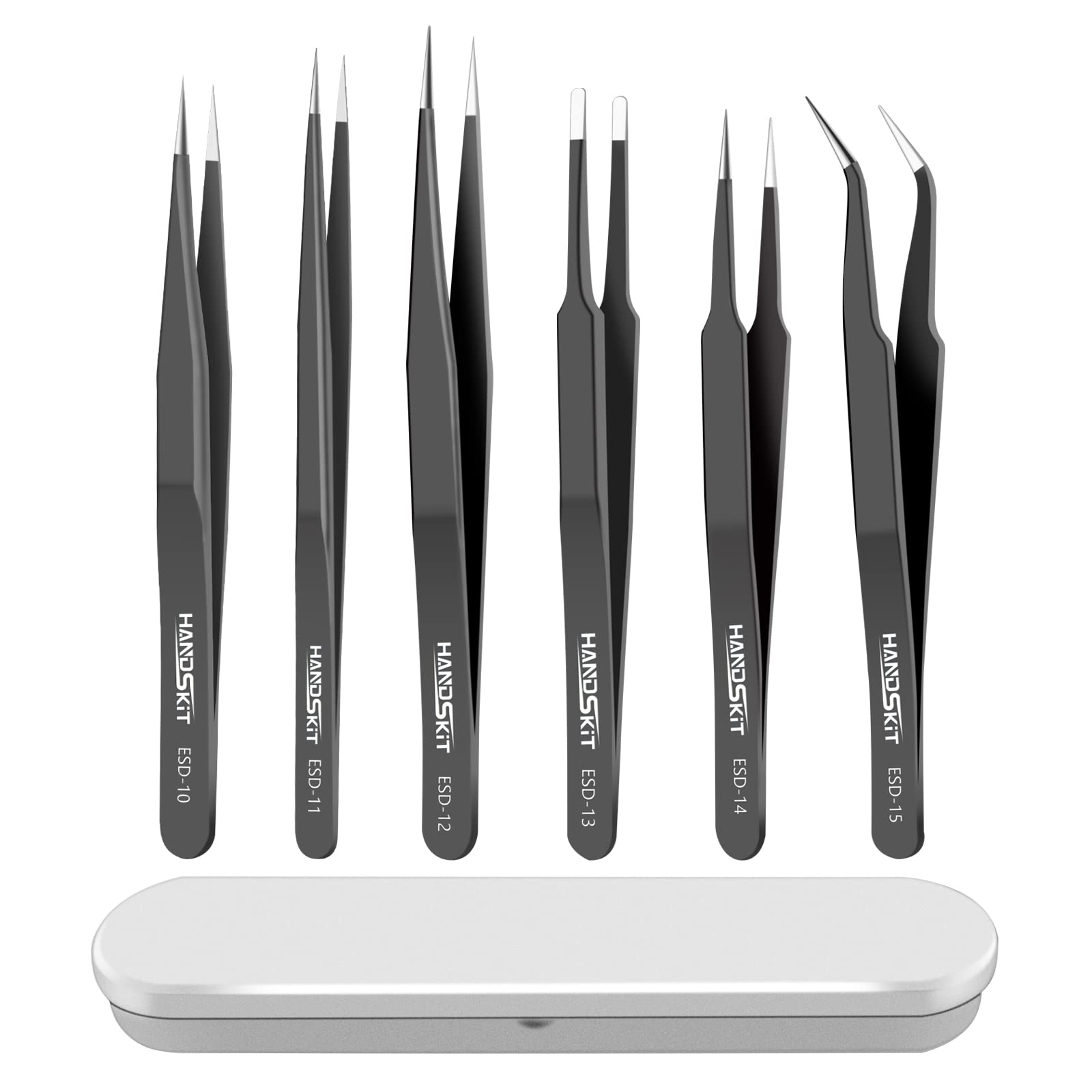 HANDSKIT Precision Tweezers Set, Anti-Static Stainless Steel Tweezers for Electronics, Soldering, Jewelry, Craft, and Eyelash Extensions, False Lash Application Tools