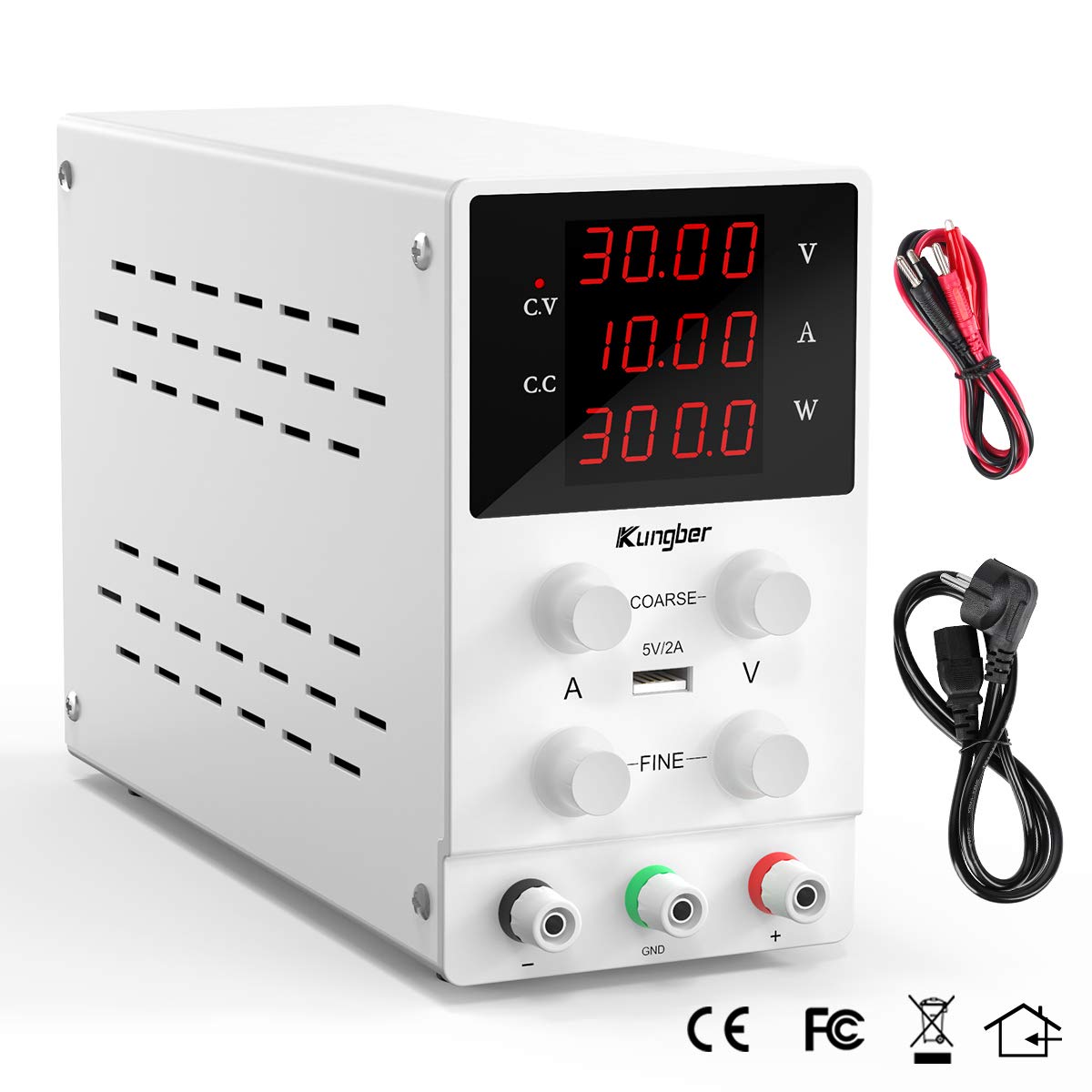 Kungber DC Power Supply Variable, 30V 10A Adjustable Switching Regulated DC Bench Linear Power Supply with 4-Digits LED Power Display 5V2A USB Output, Coarse and Fine Adjustments with Alligator Leads: Computers & Accessories