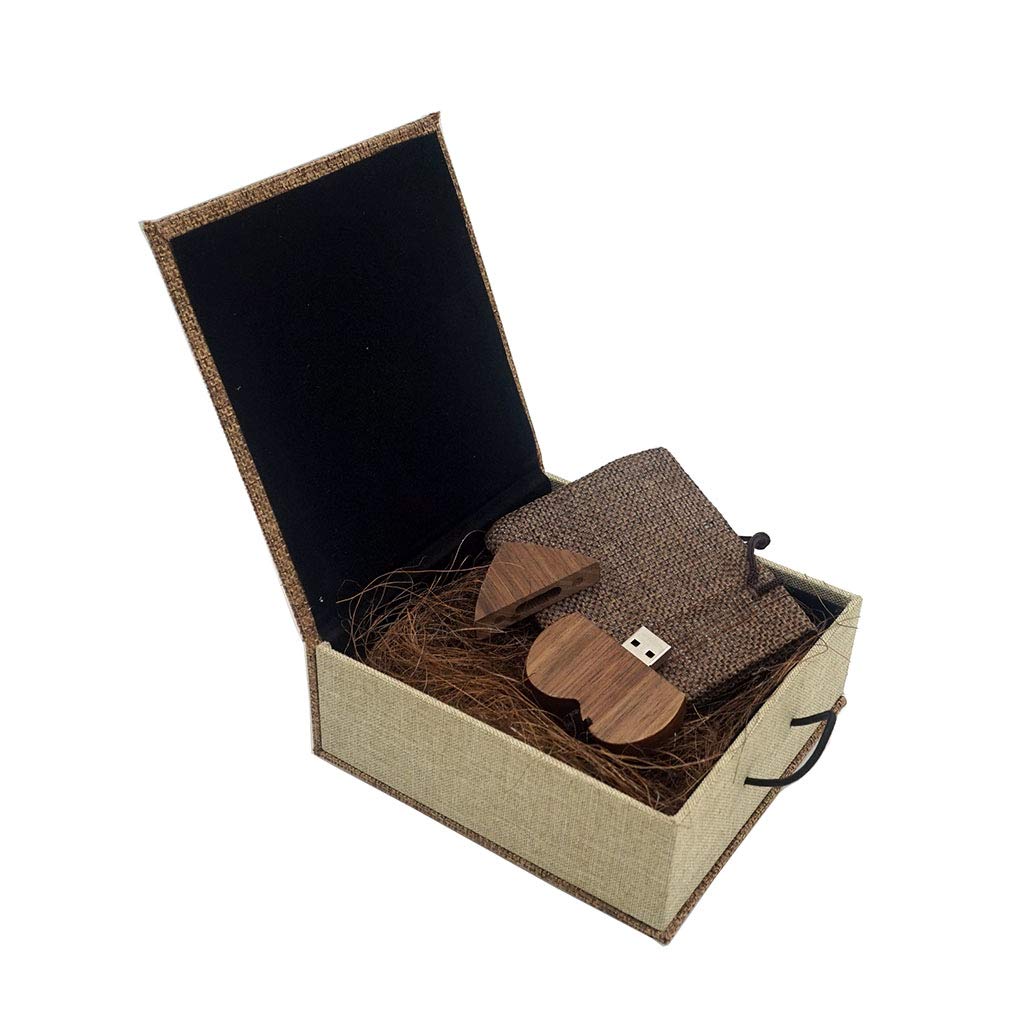 Desuerte Walnut Wooden Heart USB Flash Drive Gift Thumb Pen Drive with Cloth Gift Box 16GB for Wedding Birthday