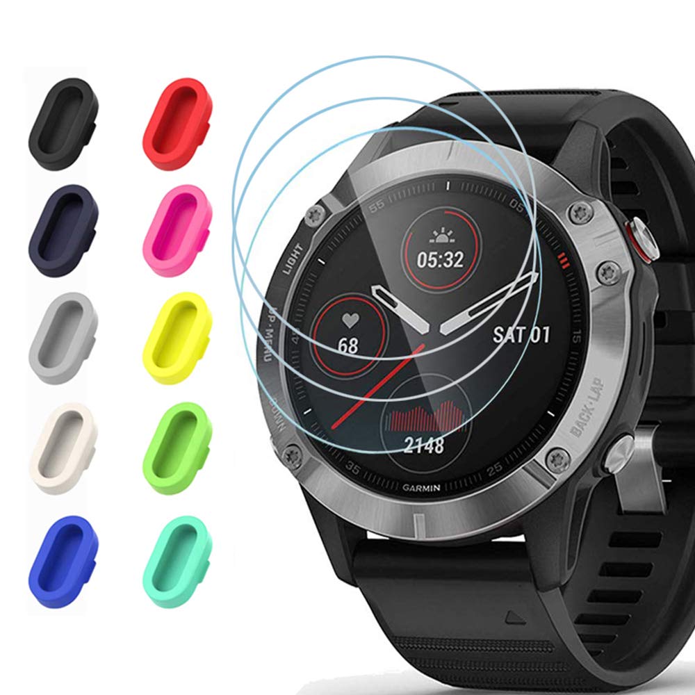 Miimall Tempered Glass Screen Protector for Garmin Fenix 6/6 Pro + Silicone Dust Plug, HD Clear Anti-Scratch 9H Hardness Tempered Glass Screen Film for Garmin Fenix 6/Fenix 6 Pro