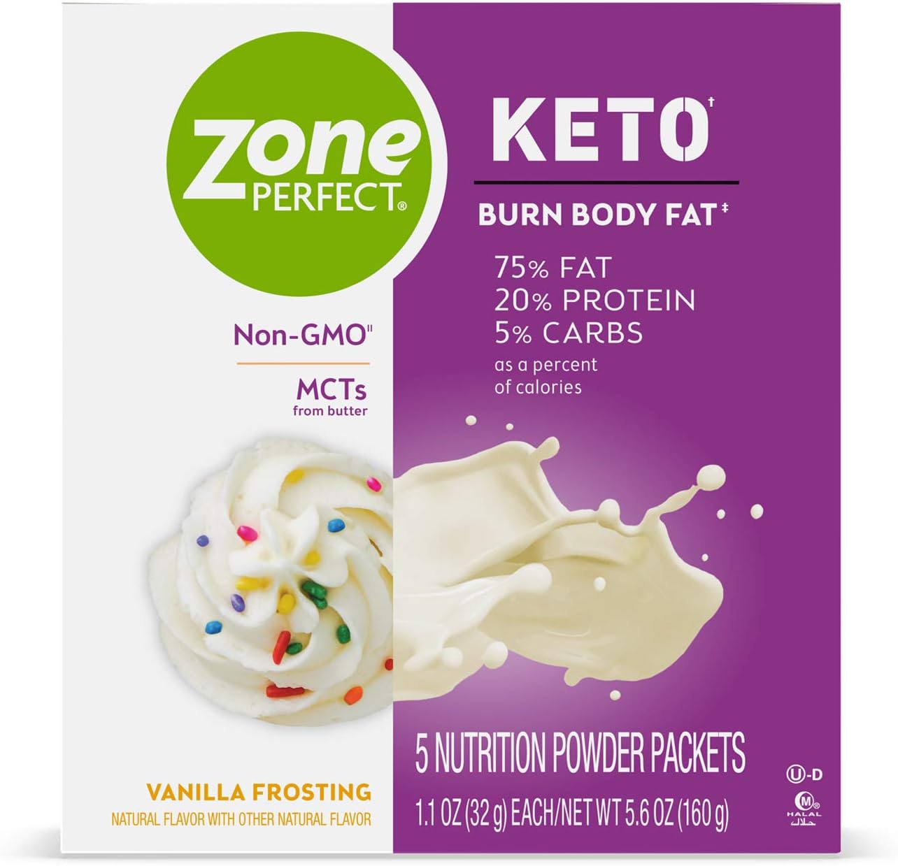 ZonePerfect Keto Powder, Vanilla Frosting Flavor, True Keto Macros To Burn Body Fat, Made With MCTs, 1.12 oz, 20 Count