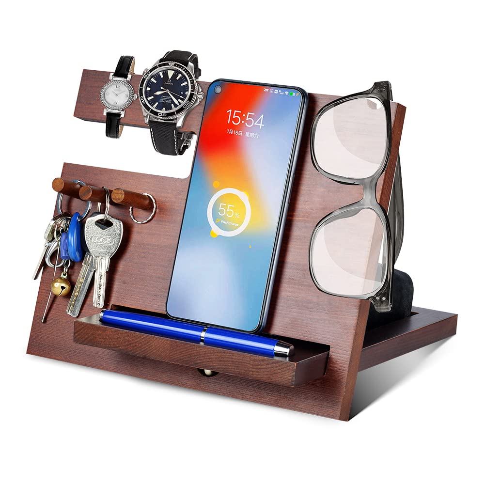 Gifts for Men Wood Phone Docking Station Key Holder Wallet Stand Anniversary Birthday Gifts for Him Xmas Presents for Husband Boyfriend Mens Gifts for Dad Bedside Organiser for Him