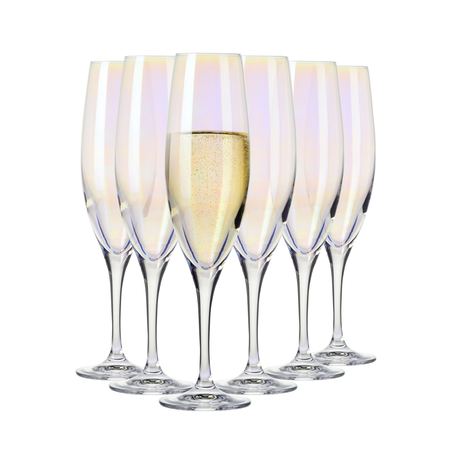 Krosno Iridescent Champagne Glasses, Rainbow Collection, Set of 6, 7.4 oz (220 ml), Premium Handcrafted Glassware, Elegant Flutes for Sparkling Wine, Handwash Only, Made in Europe