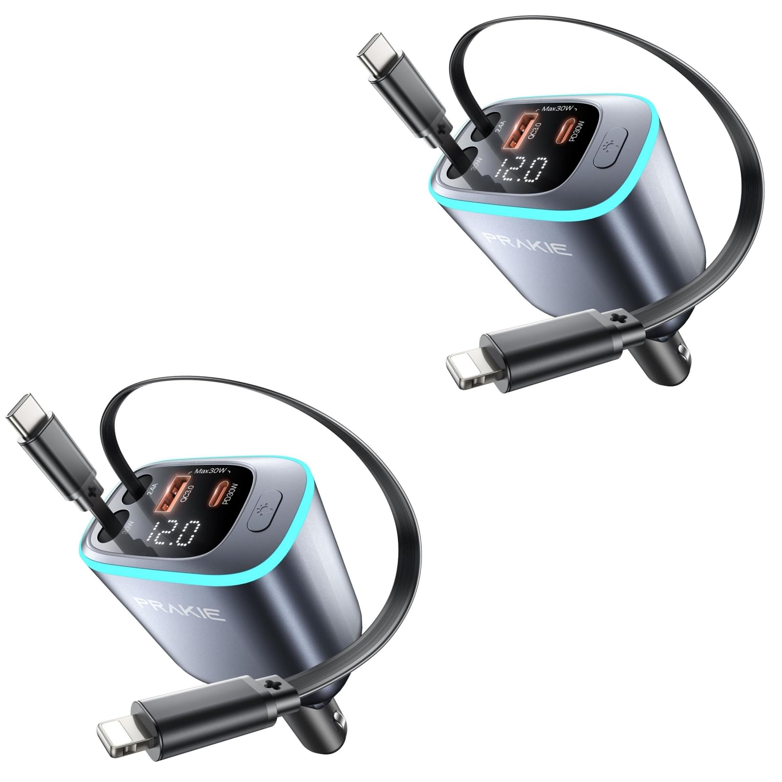 Photo 1 of 4 in 1 Car Charger, Retractable iPhone Car Charger Fast USB C Phone Charger, Cigarette Lighter with 2 Cable 30 Inch and 2 USB Ports, Multi Port USB Car Charging for iPhone 17/16/15/14/13 Pro Max-2Pack