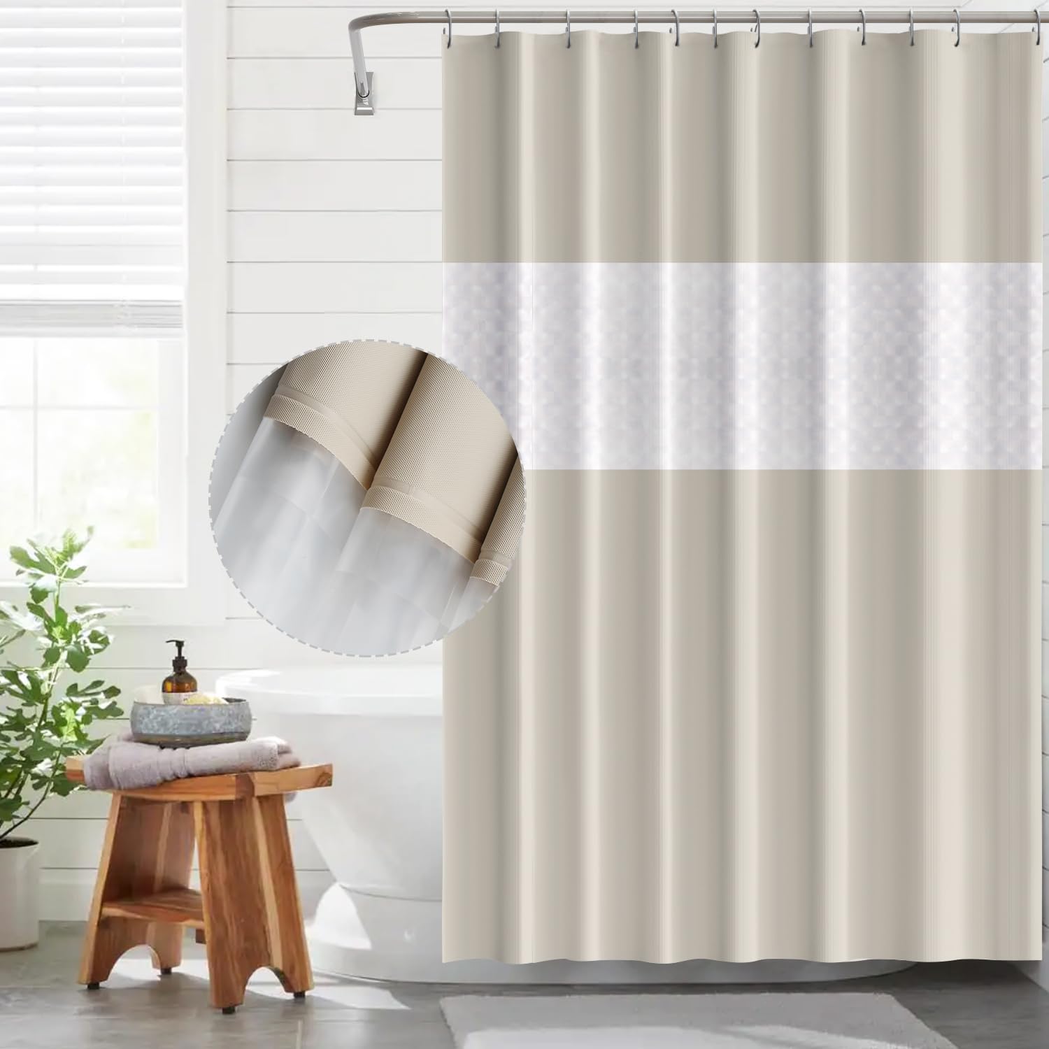 Funria Shower Curtain Beige Bathroom Curtains Waterproof Semi Transparent Wet Room Bath Curtains with Hooks Bathroom Accessories Long Shower Curtain 180 x 200CM Spliced Beige