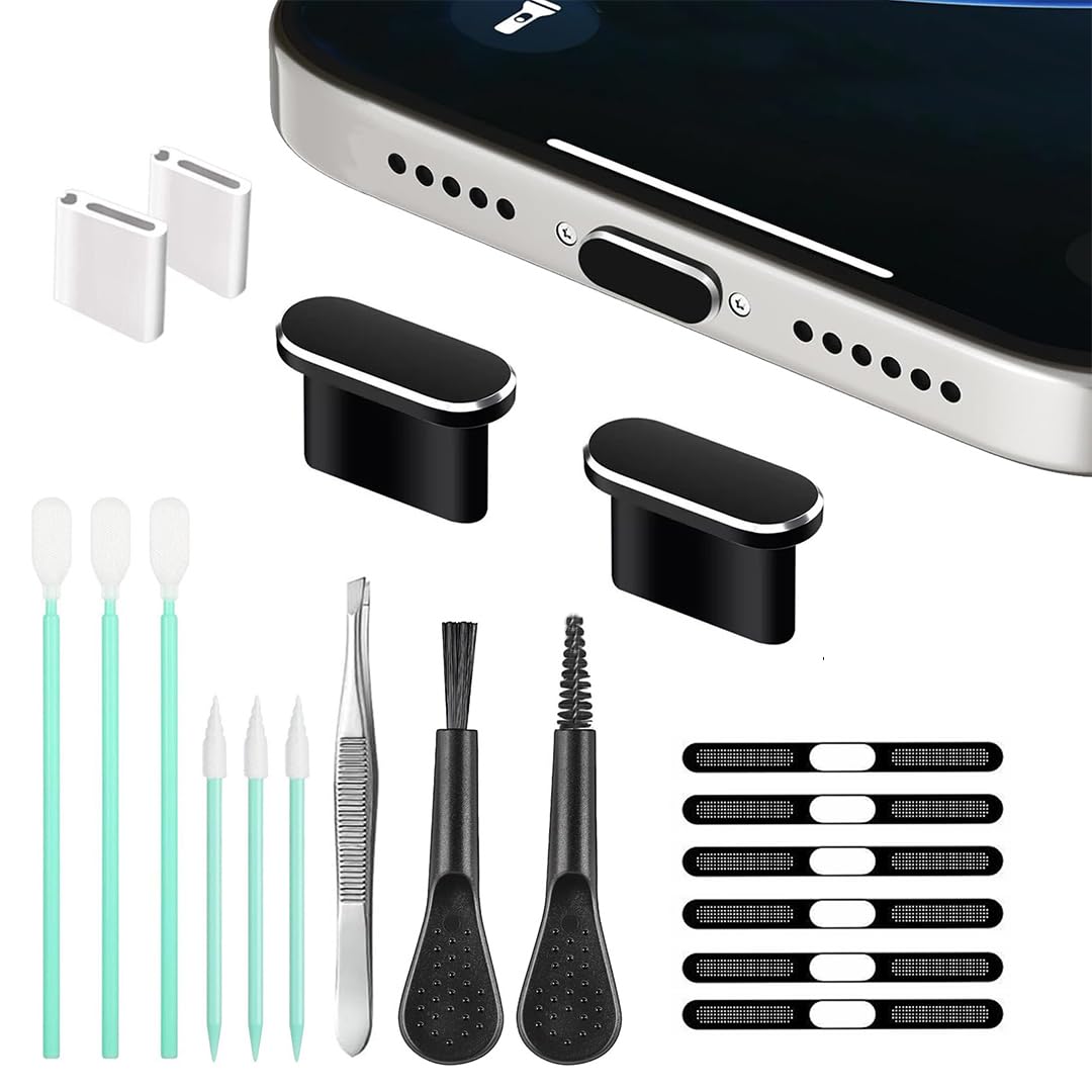 Mobile Phone Speaker Metal Dust Mesh, typeC Charging Port dust Plug, USB C Cleaning Brush Cleaning Tool Set for iPhone 17 Pro (Black)