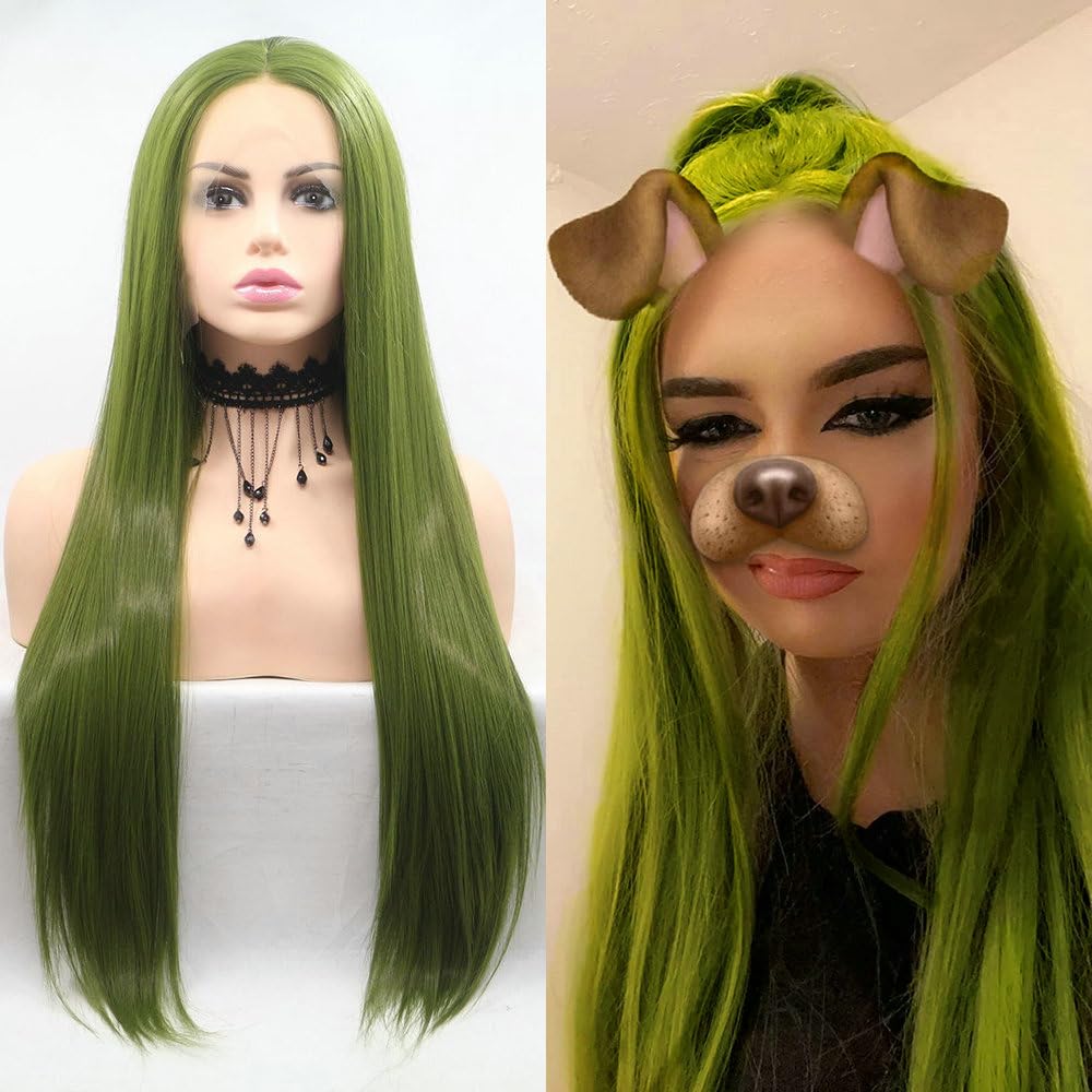 13x3" Pre Plucked Long Straight Colorful Wigs for Women Natural Looking Heat Resistant Fiber Synthetic Lace Front Wigs for Replacement/Party/Cosplay/Costume/Daily Use (Olive Green)