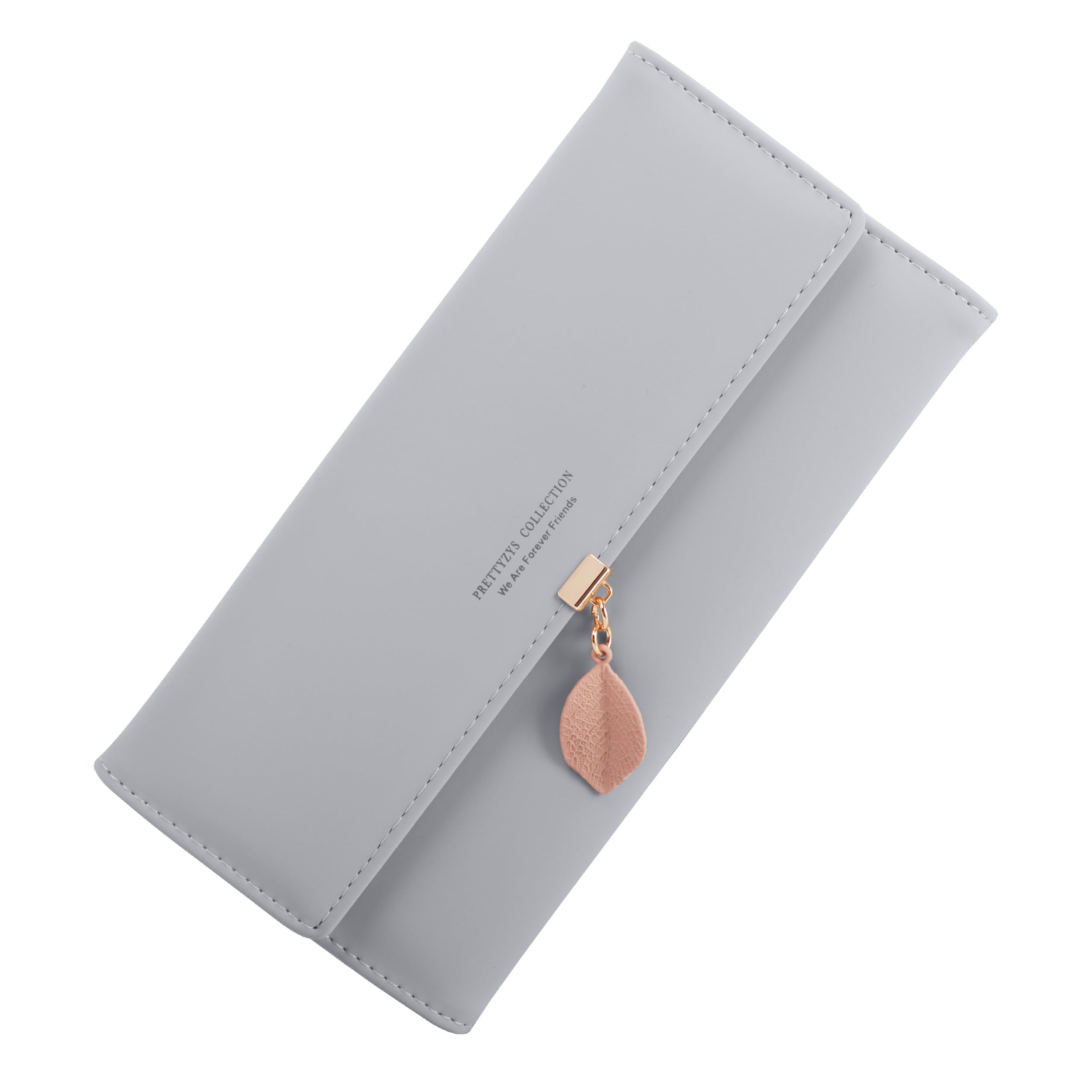 ZhengYue Ladies Purse，Women Purse RFID Blocking PU Leather Wallet for Women,Ladies Leaf Pendant Purses with Multiple Card Slots,Zipper Coin Purse & Roomy Compartment Grey