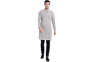 SKAVIJ Men's Handloom Cotton Solid Henley Long Sleeves Straight Knee Length Long Shirt