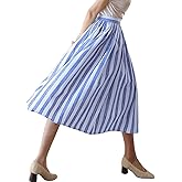 chouyatou Women's Vertical Striped Pleated Skirt Casual Elastic Waist A Line Swing Midi Long Skirt with Pockets
