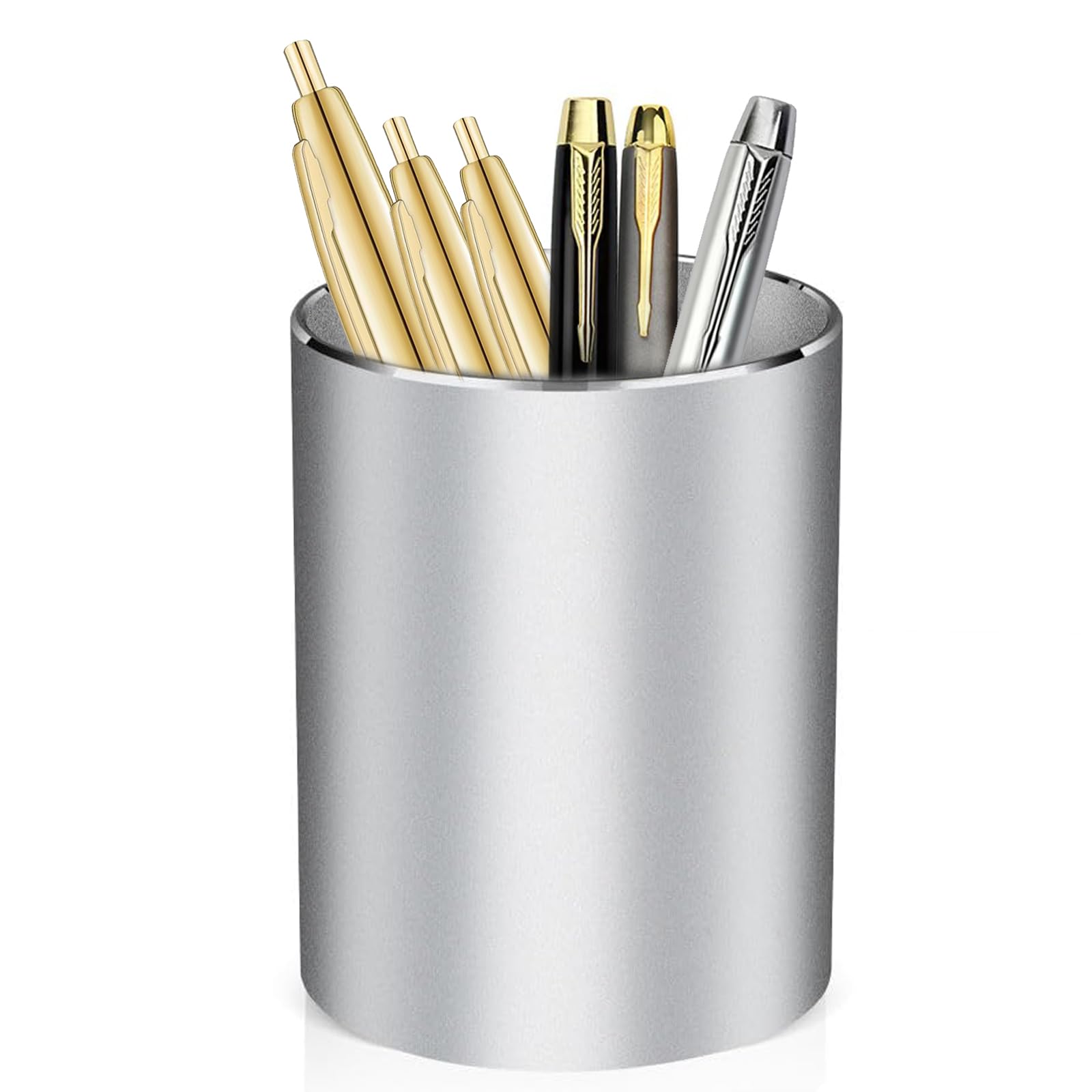 Pen Holder for Desk,Metal Aluminum Pencil Holder, for Pen Organizer for Desk, School, Home and Stationary Supplies, Advanced sense Pen Holder Non-Slip Silicone Bottom Round Silver Pencil Cup (Silver)