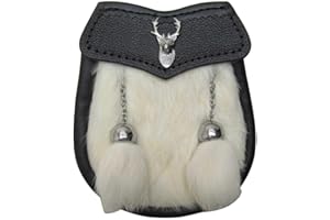 AAR Baby Fur Sporran Scottish Free Chain Multi Design Leather Kilt White Fur 2 Tassels New