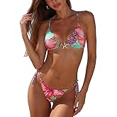 QJQ Women's 2 Piece Bikini Sets Floral Leopard Starfish Metal Triangle Bathing Suit Cheeky String Swimsuit