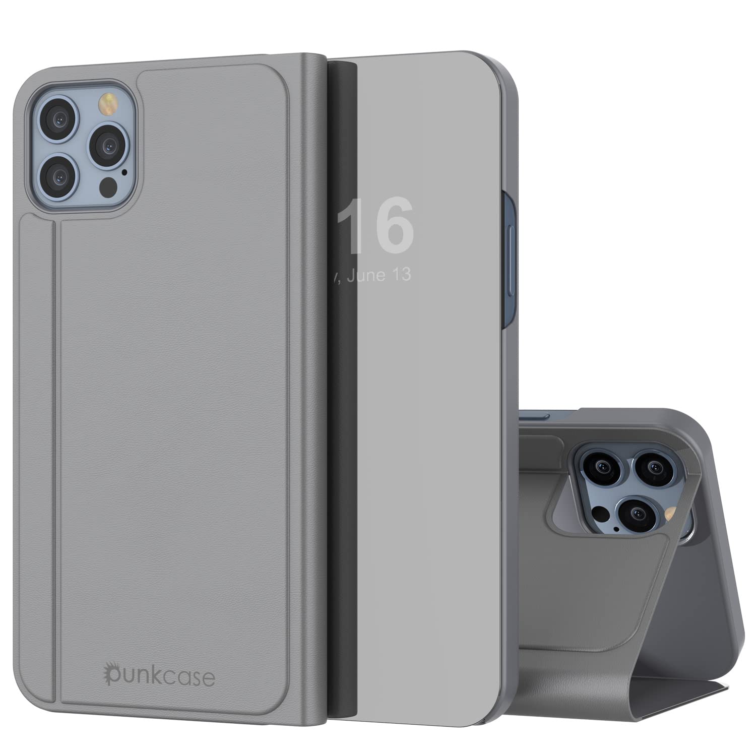 Punkcase for iPhone 13 Pro Max Reflector Case Protective Flip Cover W/Scratch Resistant Semi-Translucent Mirror Front & Non-Slip PU Leather Back for iPhone 13 Pro Max (6.7") (2021) (Silver)