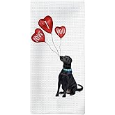 Tzhim Labrador Retriever Valentine's Kitchen Towels, I Love You Hand Towels, Dog Lover Gifts for Women, Black Lab Gifts, Valentines Dish Tea Towels for Kitchen, 16x24 Inch