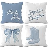 OTOUO Western Cowgirl Pillow Covers 18x18 - Howdy Long Live Cowgirls Boots Pillow Cover, Western Blue Coquette Bows Home Room Decor, Set of 4