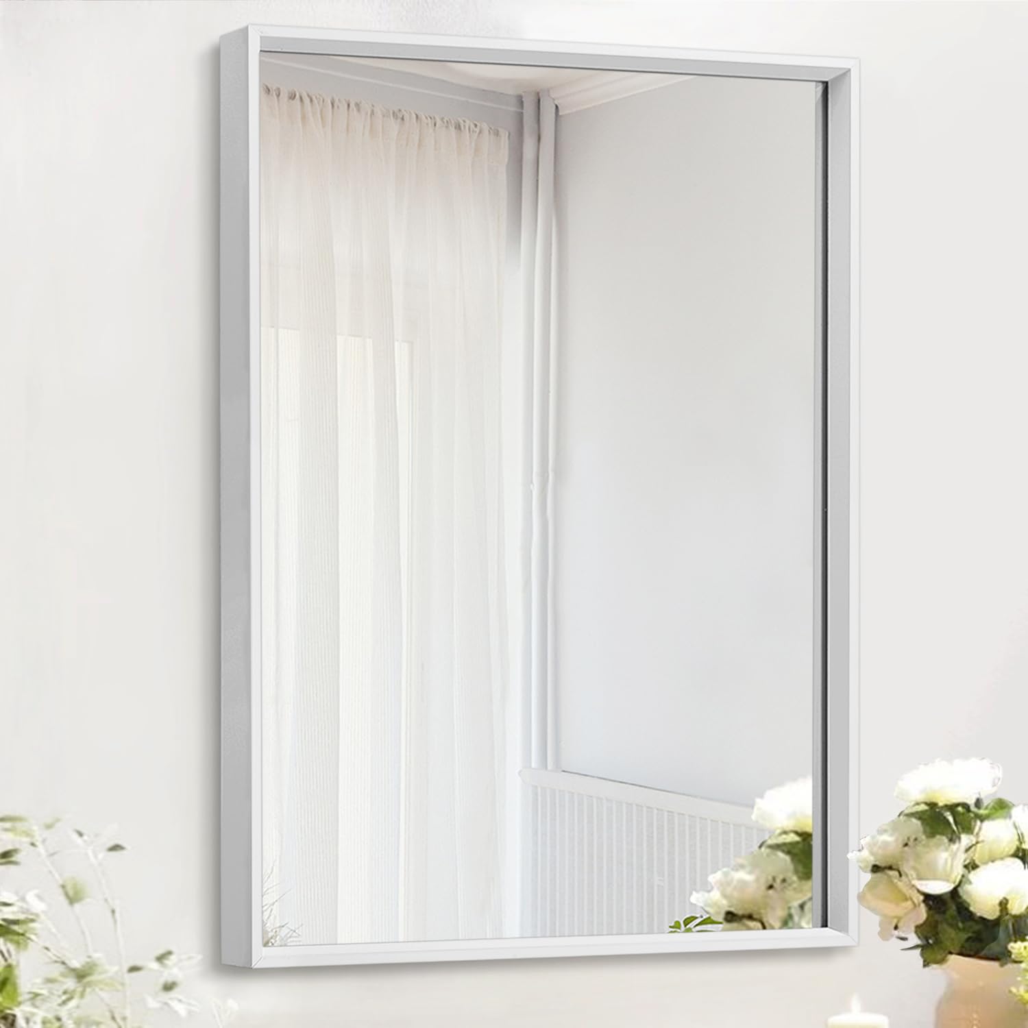 Photo 1 of AAZZKANG Mirrors for Wall Rectangular Metal Frame Mirror for Farmhouse Bathroom Bedroom Living Room Home Entryway Hanging Vertically or Horizontally White Small