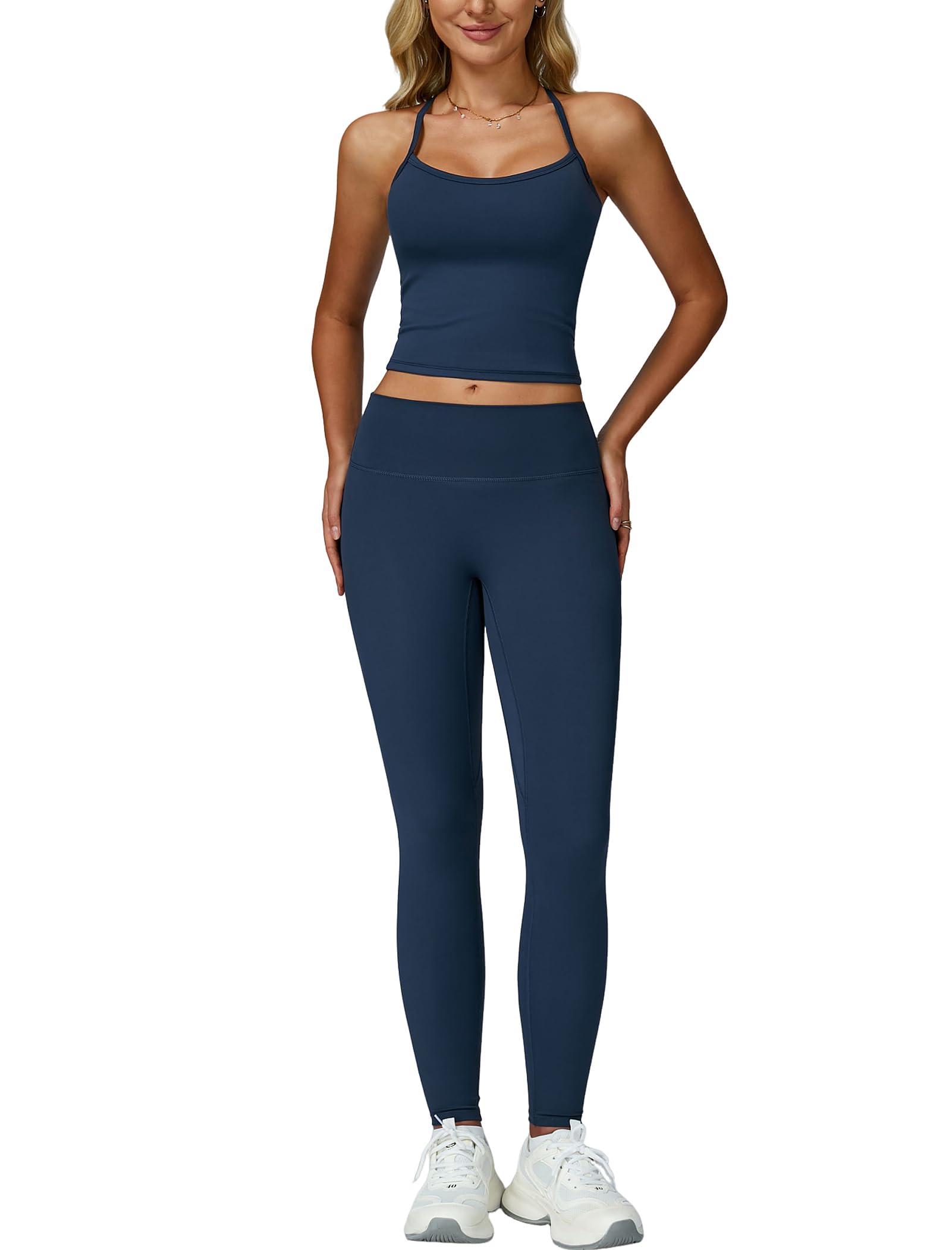 Photo 1 of (medium) Womens Workout Sets Two Piece Seamless Stretch Cross Back Tank Top Matching Tummy Control High Waist Leggings Set 2 Piece For Women Gym Yoga Active Wear Outfits Athletic Work Out Clothes Dark Blue M