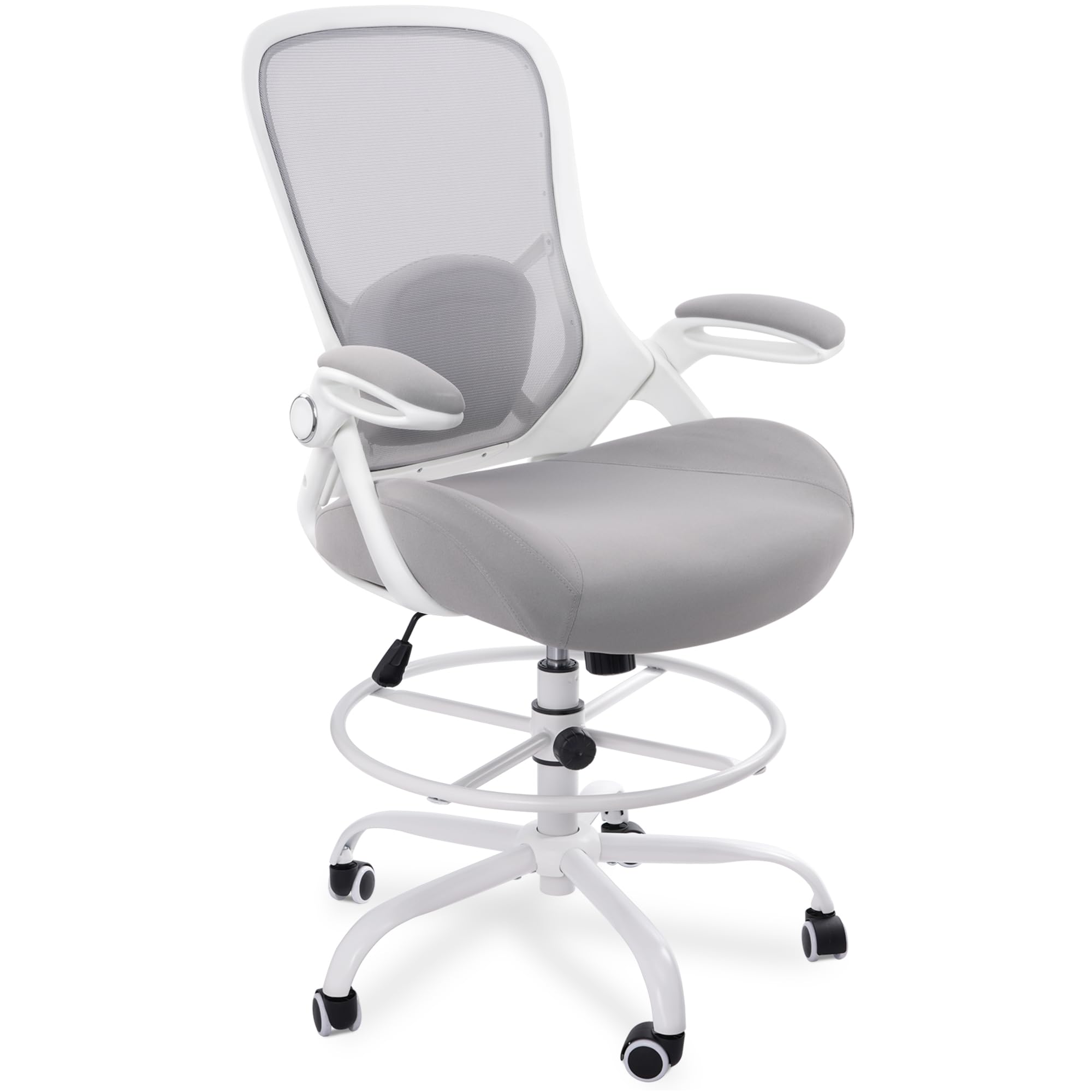 Photo 1 of HYLONE 400lbs Heavy Duty Drafting Chair 5" Thickened Seat Office Chair with Flip-Up Armrests Tall Ergonomic Computer Chair with Lumbar Support and Adjustable Footrest Ring Standing Desk Chair (Grey)