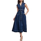 Ladyful Womens Sleeveless Denim Midi Dress Lapel V Neck Casual Flowy Wrap Belt A-Line Button Jean Dress