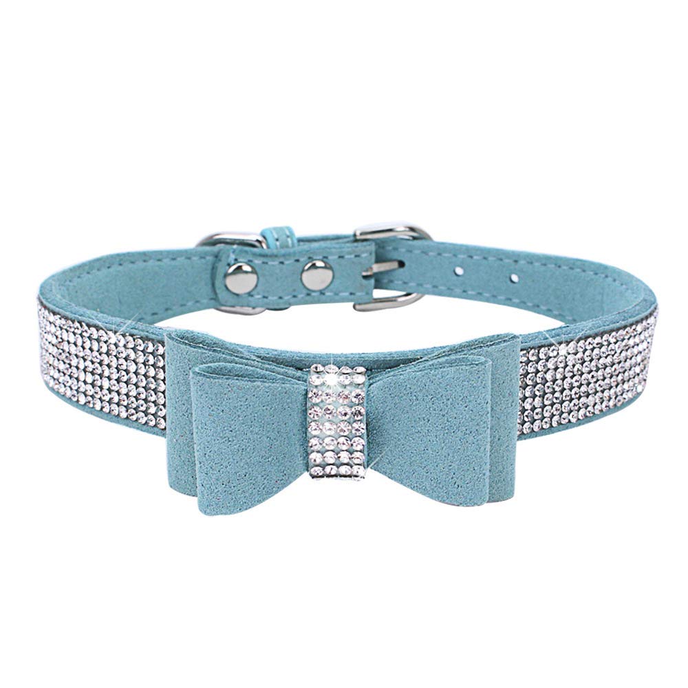 HimyBB Dog Collar with Bowknot Crystal Rhinestone Adjustable Soft Puppy Cat Pet Collars Light Blue Small