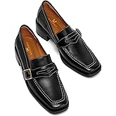 MOOMMO Women Classic Penny Loafers Closed Square Toe Patent Low Heel Loafers Slip On Metal Buckle 2" Chunky Heel Comfy Office Ladies Classic Dress Loafer Shoes Size 4-9 M US