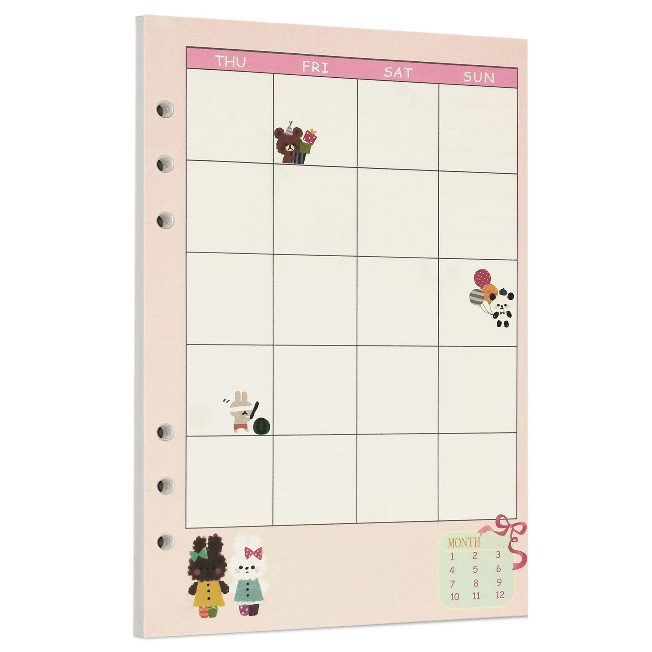 Zelten 40 Sheets 80 Pages Colorful Loose Leaf Punched Paper Refills Paper for 6 Hole Binder Personal Organizer Diary Notebook Refillable Planner (A5, Bunny Monthly Planner)