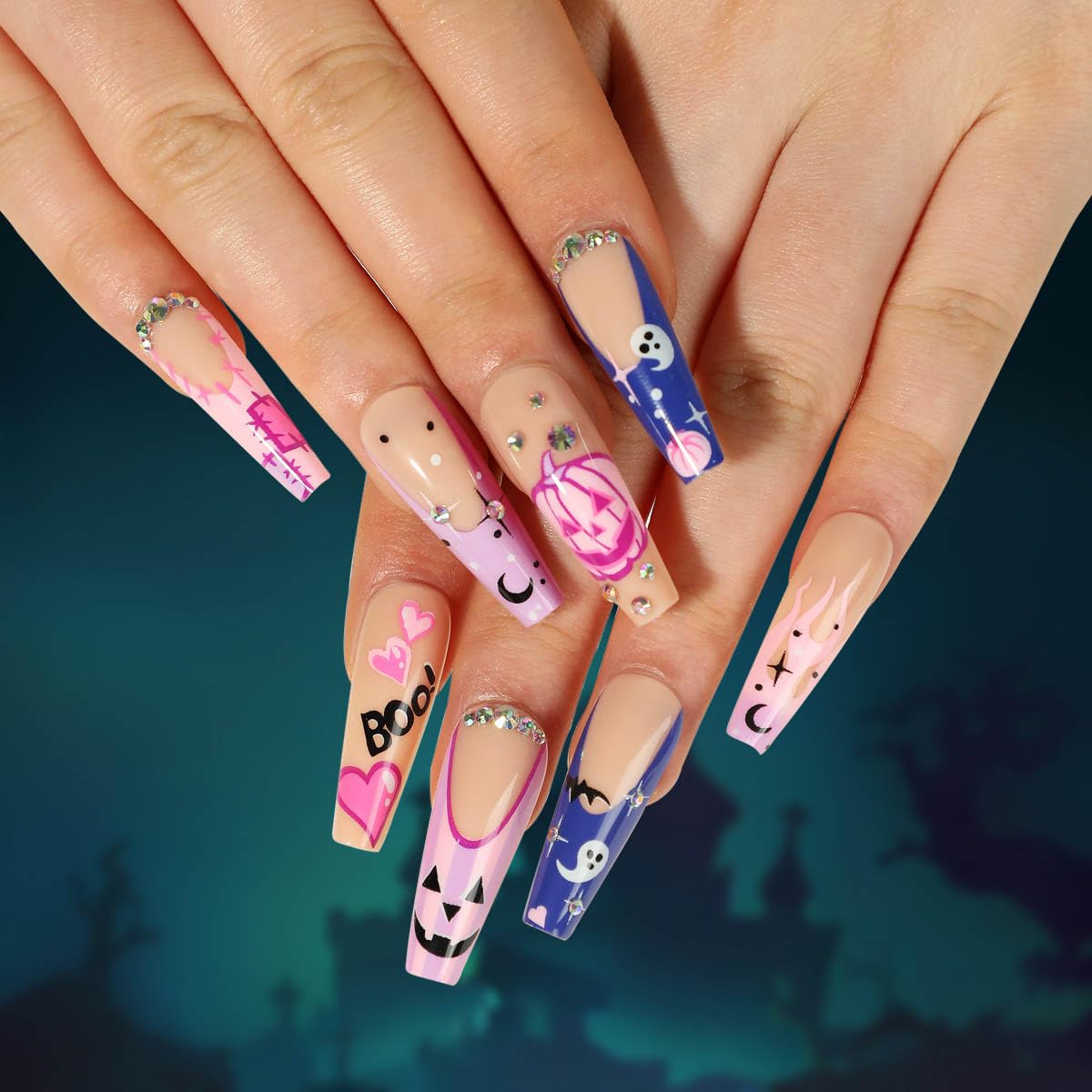 Clataly Halloween Demon Pumpkin Ghost False Nails Bloody Heart Flowing Clown Fake Nails Stars Moon Artificial Nails Press On False Nails (A)