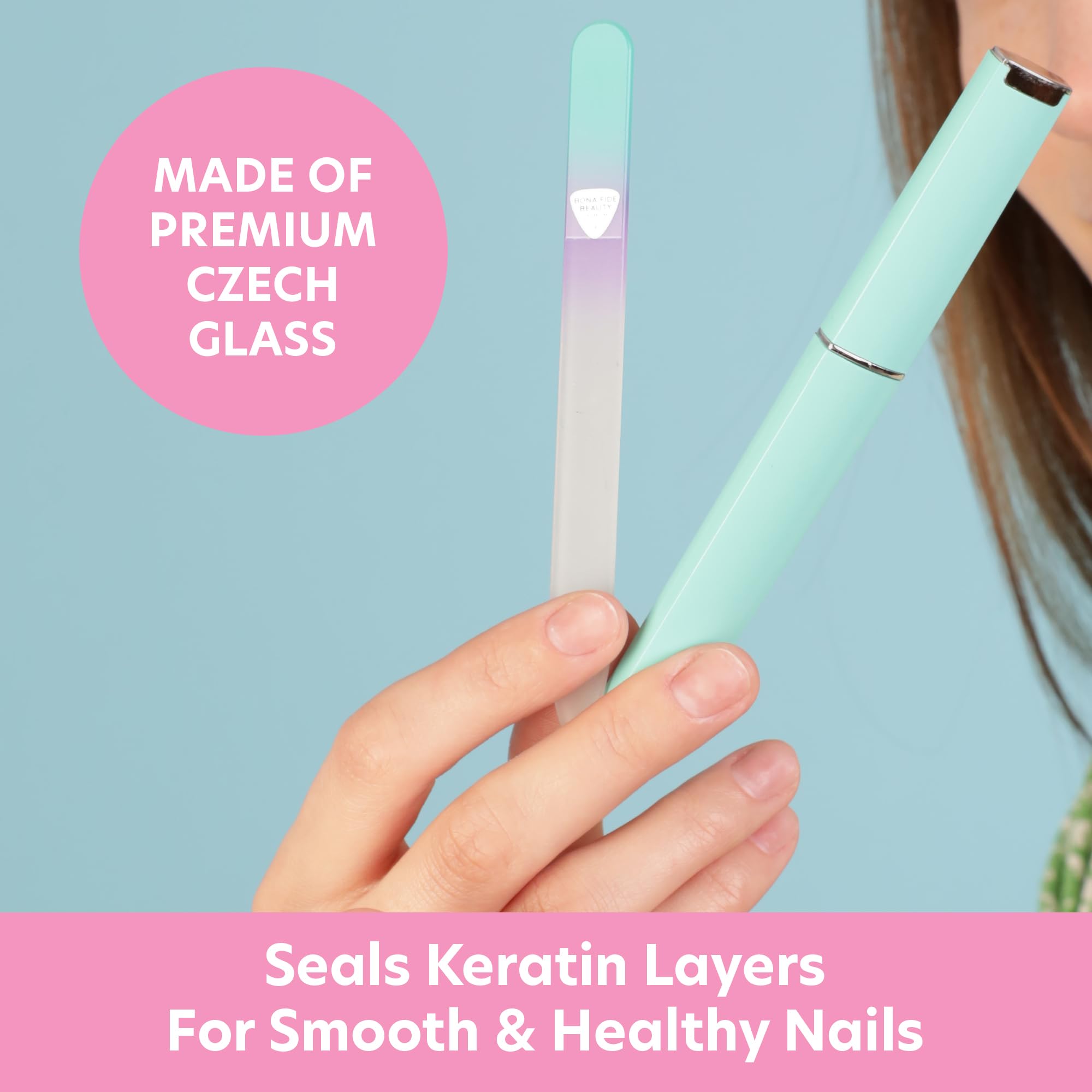 Bona Fide Beauty Czech Glass Nail File with Case, Pastel Green Violet Premium Crystal Nail File for Natural Nails. Nail Care Tool Gifts for Women