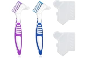 2 Pack Denture Brushes with Covers, Denture Cleaning Brushes Double Sided Denture Toothbrush, Rubber Anti-Slip Handle, Dentur
