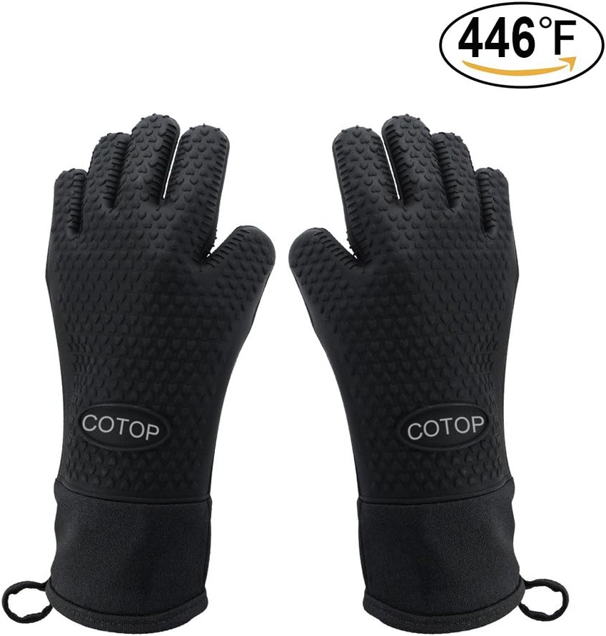 COTOP Grilling Gloves, Heat Resistant Thick Silicone Oven Gloves, Lifetime Replacement Extra-long 446 F Waterproof Non-slip Cooking Mitts for Barbecue, Grill, Washing, Kitchen Oven (Black)