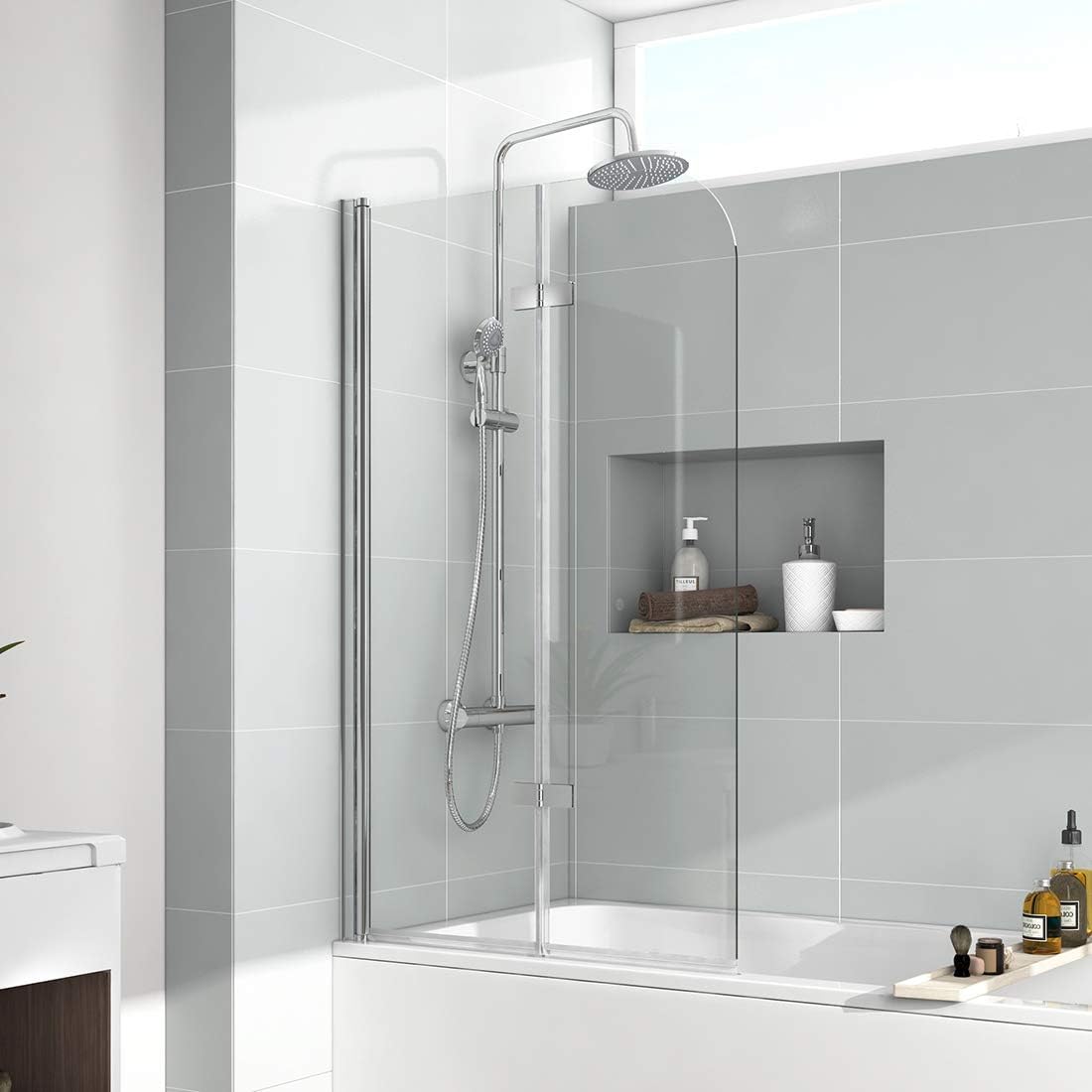 Pivot Bifold Shower Screen 1000 x 1400mm Folding Over Bath Screen 180 Degree Reversible Door Panel 6mm Safety Tempered Glass