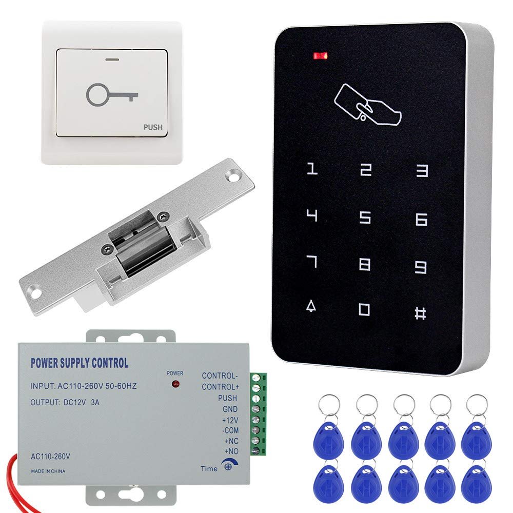KDL Full RFID Access Control System Kit Set Stand-alone Keypad with NO Type Electric Strike Lock, DC12V/3A Power Supply, Door Exit Button, 10pcs RFID Key Tags