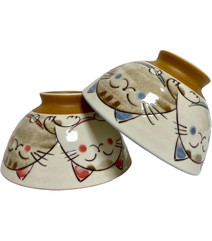 Japanese Porcelain Bowls Set Of 2 - Lucky Cat Pattern, 4.5-inch, Microwave Safe, Made In Japan