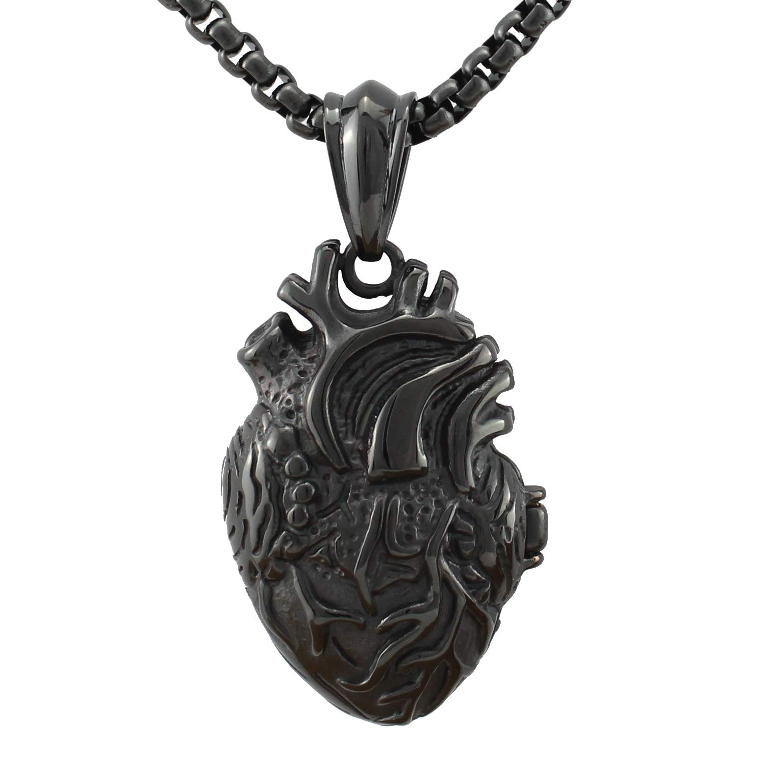 Serebra Jewelry 3D Anatomical Heart Pendant Necklace made of Stainless Steel in Silver Black Gold Women Men Unisex (Black Large)