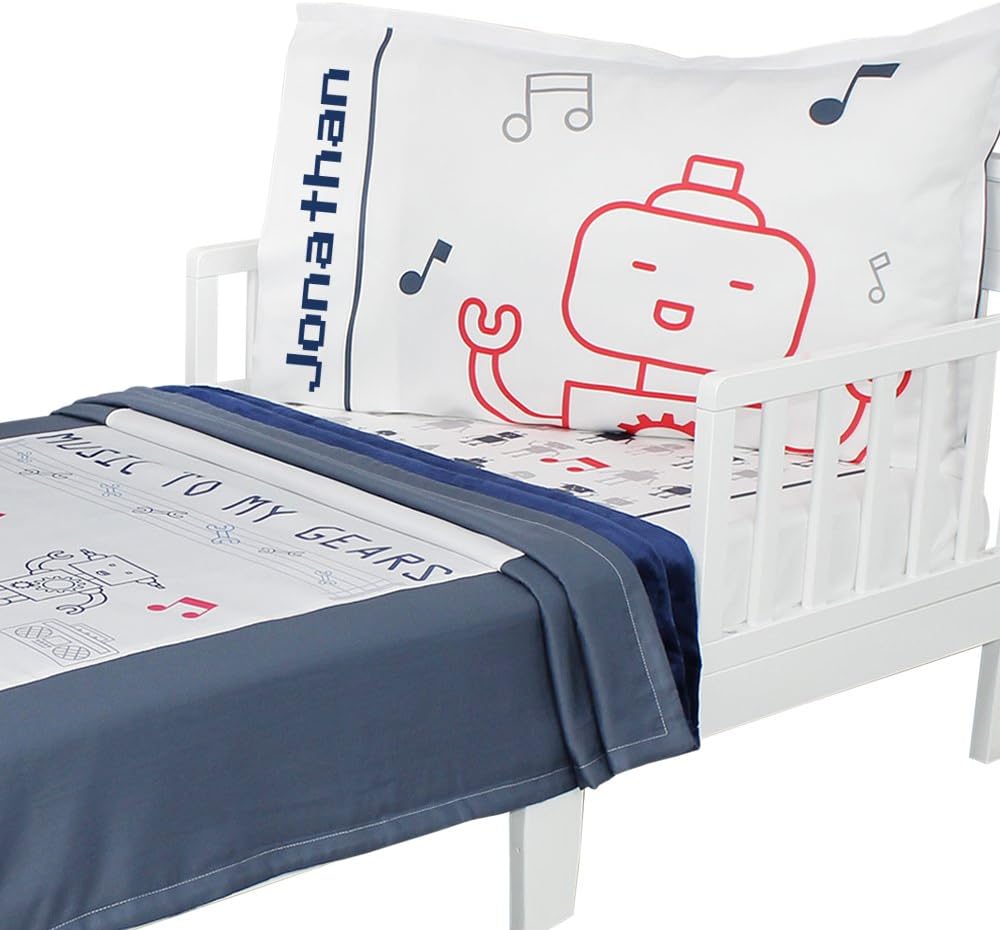 3pc RoomCraft Music to My Gears Personalized Toddler Bedding Set Robots Blanket Sheet and Pillowcase Set