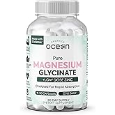 Organics Ocean Pure Magnesium Glycinate with Zinc - Maximum Strength Chelated Magnesium Supplement for Women and Men for Muscle Cramps and Sleep Support - 90 Capsule