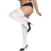 HONENNA Plus Size Thigh High Stockings, Semi Sheer Stay Up Lingerie Lace Top Pantyhose for Curvy Women