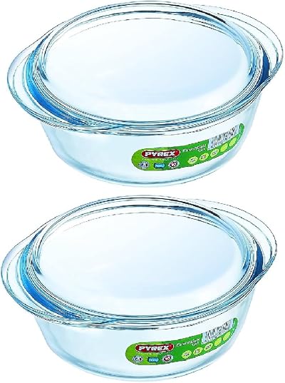 Pyrex Essentials Glass Round Casserole Dish with Lid 1.0 L Pack of 2