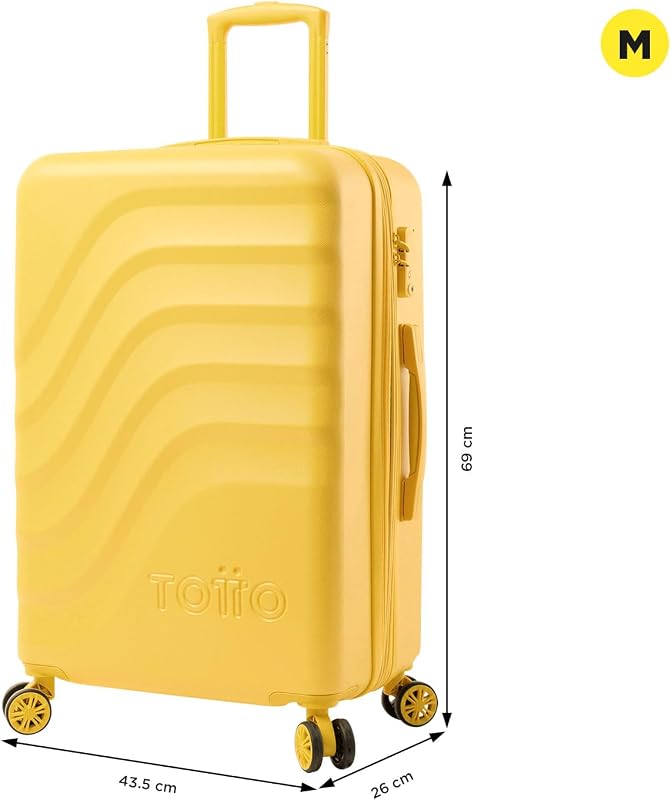 - Mala Média Dura, modelo Bazy+, 43,5 x 69 x 26 cm, capacidade de 64 L, expansível, resistência a impactos, rodas de 360º, pega telescópica, tiras internas, fechadura TSA, cor Super Lemon