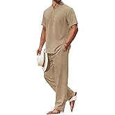 COOFANDY Men's 2 Piece Cotton Sets Casual Short Sleeve Henley Shirts and Beach Pants with Pockets Summer Vacation Outfits