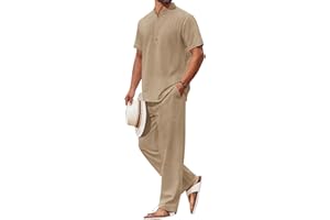 COOFANDY Men's 2 Piece Cotton Sets Casual Short Sleeve Henley Shirts and Beach Pants with Pockets Summer Vacation Outfits
