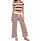 ETOSELL Women's Striped Knit Two Piece Set Short Sleeve Crop Top High Waist Wide Leg Pants Lounge Set Comfy Outfits