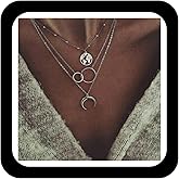 Zeshimb Layered Moon Pendant Necklace Boho Satellite Choker Necklace Silver Interlocking Circle Necklace Crescent Bead Necklace Jewelry for Women