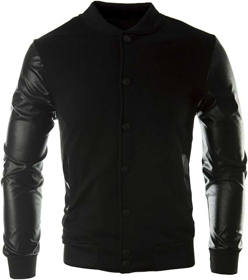 Ecoolbuy Pu Leather Men's Slim Fit Baseball Sweaters Jackets Outer Wears Coats