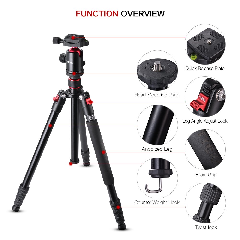 Tycka Trépied Caméra Appareil Photo,Trépied Ultraléger Aluminium 164cm , ,Supporte jusqu\'à 10kg les Caméscopes et Appareils Photo,tête panoramique pivotante (diamètre de 36mm),pour Canon Sony Nikon,avec Sac de Transport, Noir